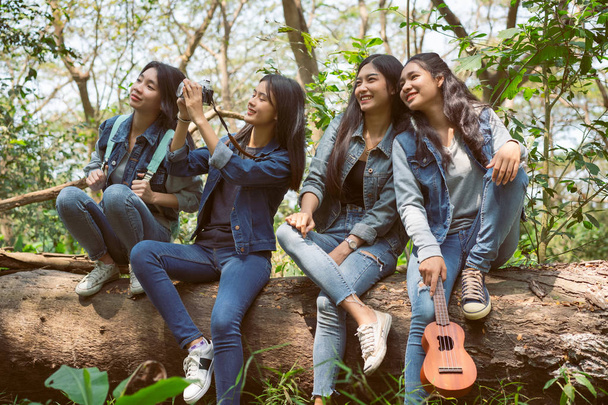 Group of young asian women being happy with hiking and studying  - Photo, image