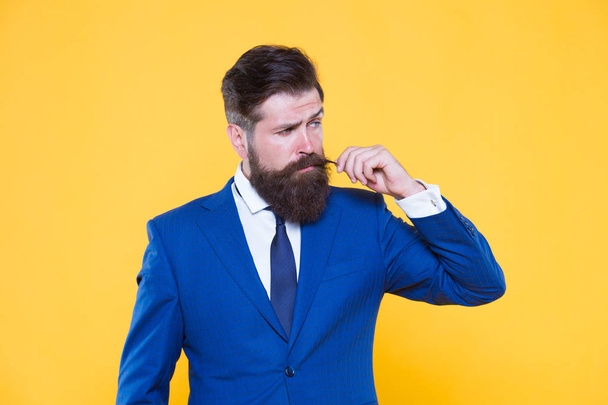Taste of success. Successful handsome hipster top manager. Barbershop and fashion stylist. Handsome guy concept. Because you worth it. Confident businessman handsome bearded man in formal suit - Foto, imagen