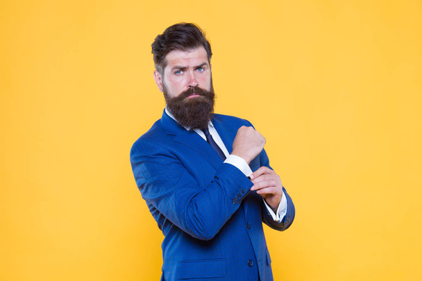 Because you worth it. Confident businessman handsome bearded man in formal suit. Successful handsome hipster top manager. Serious motivated entrepreneur. Barbershop and stylist. Handsome guy concept - Zdjęcie, obraz