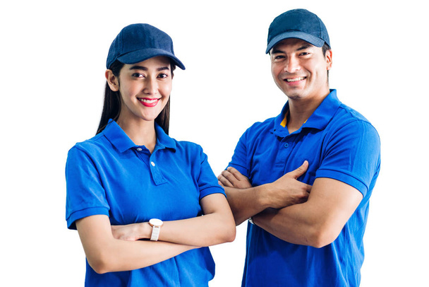 Portrait of smiling deliveryman and woman with crossed arms  in  - Photo, Image