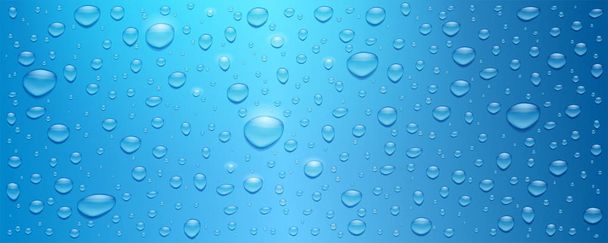 Gotas de agua realistas sobre fondo azul. Gotas tridimensionales, vector 3d ilustración. Fondo texturizado con resplandor del sol para pancarta, póster, folleto
 - Vector, Imagen