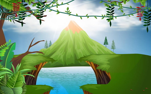Dschungel an der Lagune mit grünem Berghintergrund - Vektor, Bild
