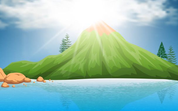  landscape of green mountain at the lagoon in daytime - Vector, Image