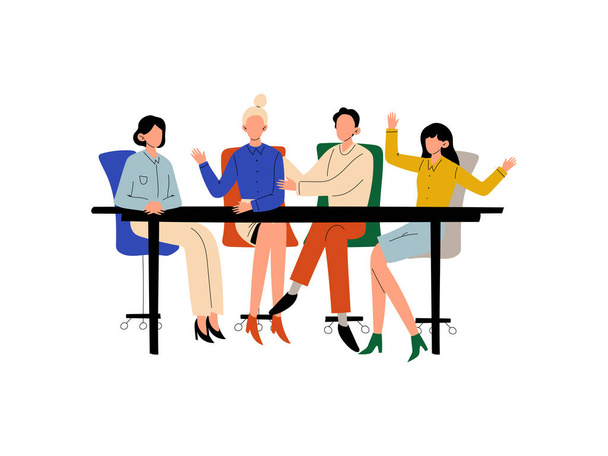 Obchodní lidé sezení na stole a diskuse projekt, debata, týmově práce, kolegové, kteří spolupracují v sadě Office, komunikace mezi kolegy vektorovou ilustrací - Vektor, obrázek
