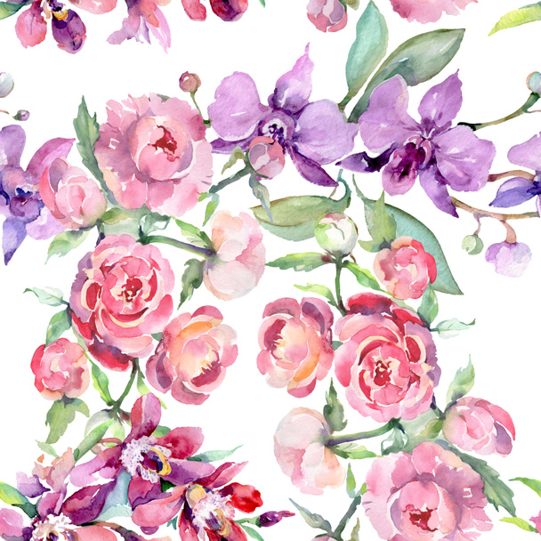 Buquê com peônia flores botânicas florais. Conjunto de ilustração de fundo aquarela. Padrão de fundo sem costura
. - Foto, Imagem