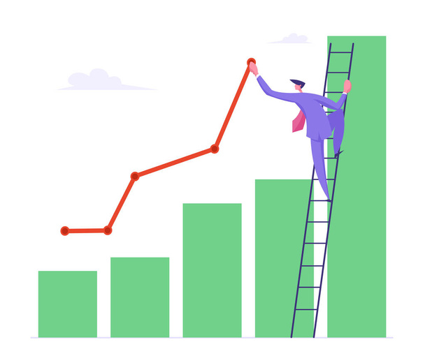 Деловой человек стоит на лестнице, опираясь на линию кривой рисунка столбца. Бизнесмен работает над графиком Стрелы анализа данных роста, статистической диаграммой финансовой прибыли. Мультипликационный вектор
 - Вектор,изображение