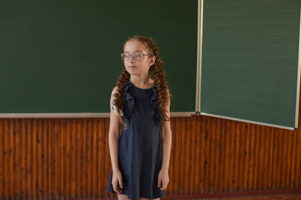 Μια μικρή μαθήτρια που στέκεται στον πίνακα. Μαθήτρια με δύο κοτσίδες σε γυαλιά. - Φωτογραφία, εικόνα