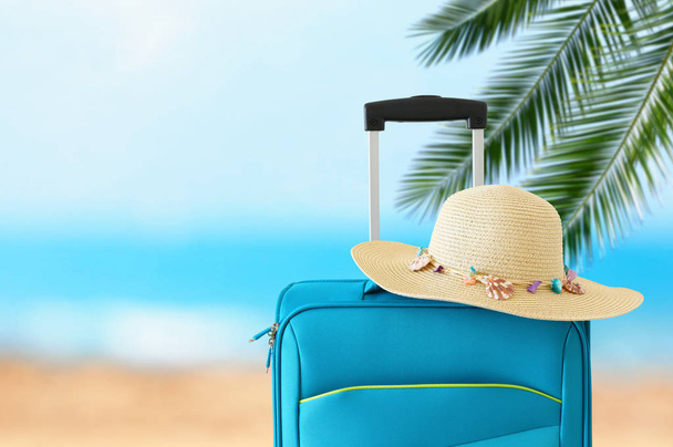 holidays. travel concept. blue suitcase infront of tropical background - Valokuva, kuva