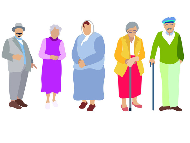Bir dizi insan, emekliler, büyükanne ve büyükbabalar. Beyaz arka planda izole edilmiş. Minimalist tarzda. Karikatür düz raster - Fotoğraf, Görsel