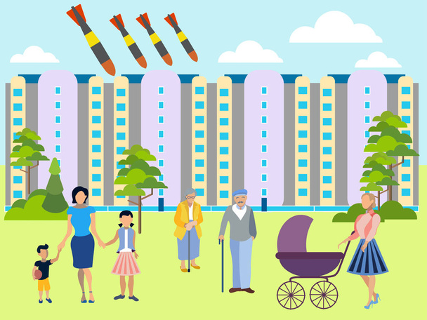 The threat of atomic war. Residential yard, families walk with children. Bombs fly on the city. In minimalist style. Flat isometric raster illustration - Photo, Image