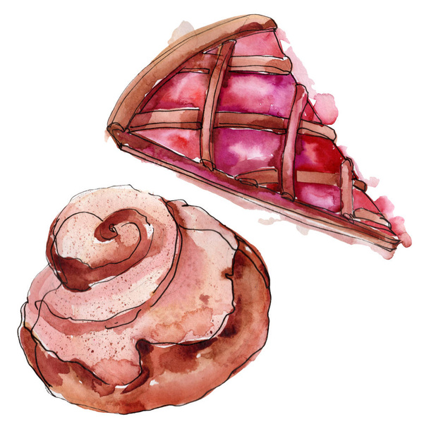 Tasty cake and bun sweet dessert. Watercolor background illustration set. Isolated desserts illustration element. - Фото, зображення