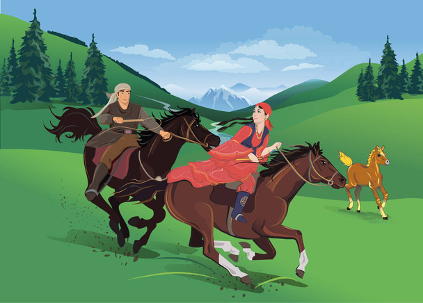 A man riding a horse catches up with a girl riding in a national costume. The holiday Nauryz, the traditional game. Vector illustration - Vector, Image
