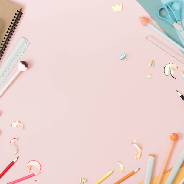 Colorful stationery on pastel pink background, school concept - Foto, afbeelding