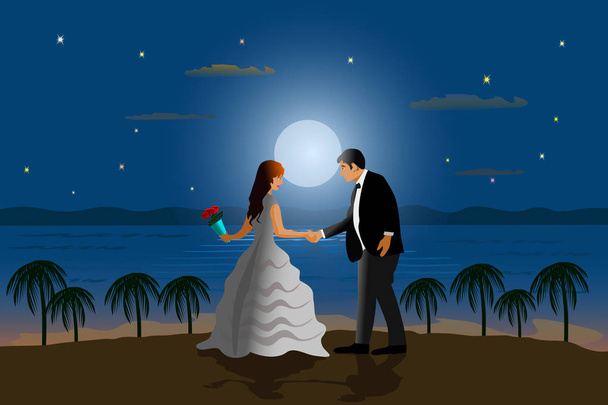 Het echtpaar is dansen op het strand. Met de zee en de maan als achtergrond - Vector, afbeelding