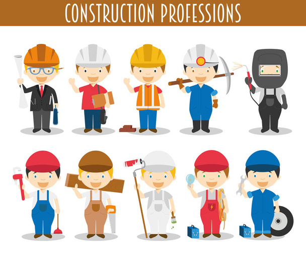 Conjunto vectorial de profesiones de construcción en estilo de dibujos animados
 - Vector, Imagen