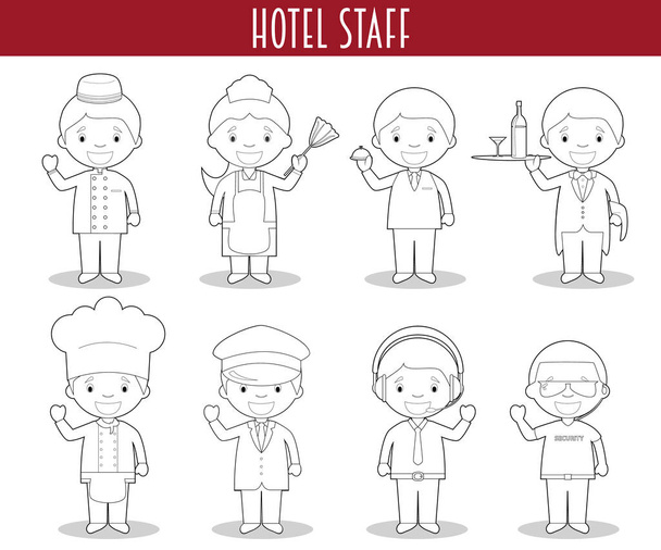 Vektor-Set von Hotelangestellten zum Färben im Cartoon-Stil. - Vektor, Bild