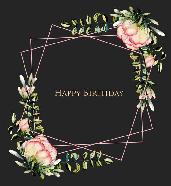 Geometrische frame van aquarel rozen en takken, hand getrokken op een donkere achtergrond, verjaardag kaart ontwerp - Foto, afbeelding
