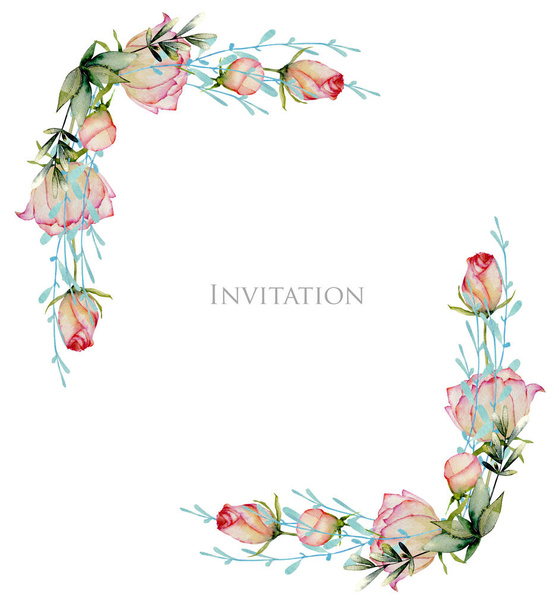 Hoek grenzen van aquarel rozen, bladeren en blauwe takken, hand getekend op een witte achtergrond, uitnodigingskaart ontwerp - Foto, afbeelding