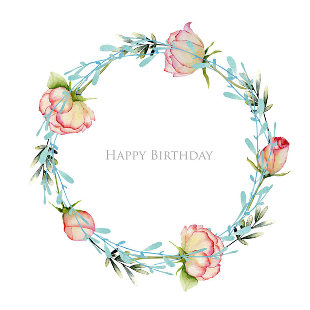 Акварельные розы и синие ветви венок, ручной рисунок на белом фоне, дизайн открытки
 - Фото, изображение