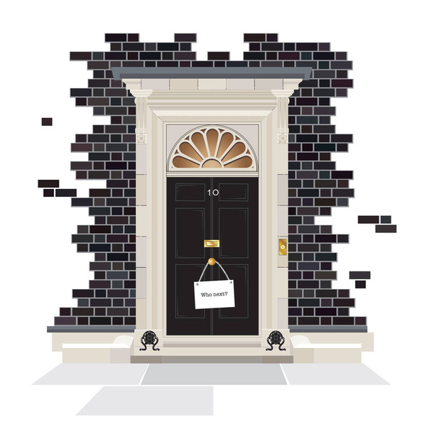 Το εξωτερικό της οδού Ντάουνινγκ 10. Η επίσημη κατοικία των πρωθυπουργών του Ηνωμένου Βασιλείου από το 1735, με ταμπέλα να κρέμεται στο πόμολο της πόρτας ρωτώντας ποιος μετά? - Διάνυσμα, εικόνα