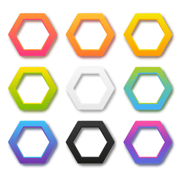 Set of color hexagonal frames with shadows on white background  - Вектор,изображение