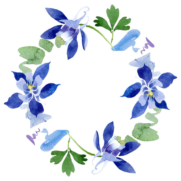 Azul aquilegia flores botánicas florales. Conjunto de ilustración de fondo acuarela. Marco borde ornamento cuadrado
. - Foto, Imagen