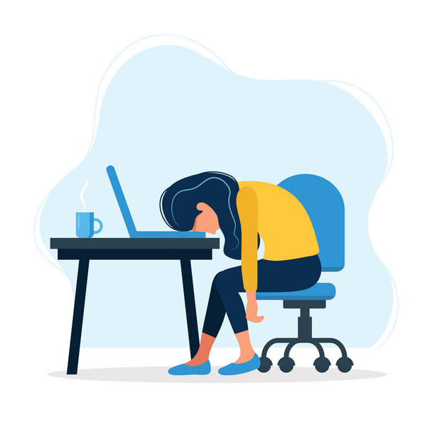 Η εικόνα της εξάντλησης με την εξαντλημένη γυναίκα εργάτη που κάθεται στο τραπέζι. Απογοητευμένος εργαζόμενος, προβλήματα ψυχικής υγείας. Εικονοδιάνυσμα σε επίπεδη τεχνοτροπία - Διάνυσμα, εικόνα