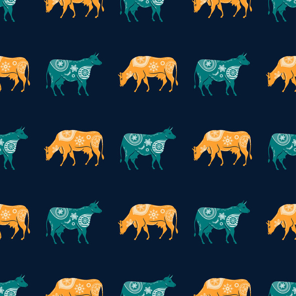 Бесшовный узор с изображением силуэтов коров и цветов
 - Вектор,изображение