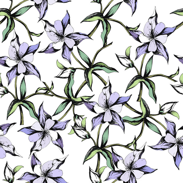Summer floral petern. Violet flowers with green leaves. Cute seamless texture on a white background for fabric and tile. - Vector, Image