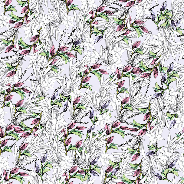 Seamless pattern of contour leaves and pink flowers. Summer floral background. Vintage texture for fabric, tile. - Vector, Image