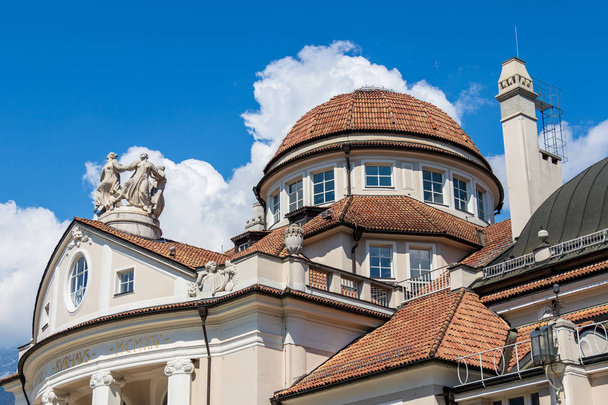 Detail view on dome roof complex of famous historical building Kurhaus in Meran. Province Bolzano, South Tyrol, Italy. Europe. - Foto, Imagem