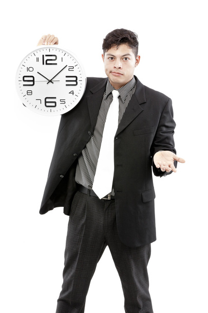 portret przedsiębiorca przytrzymanie zegar na białym tle - Zdjęcie, obraz