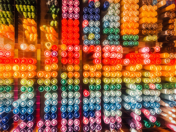 background of colorful bright pens on shelf - Foto, imagen