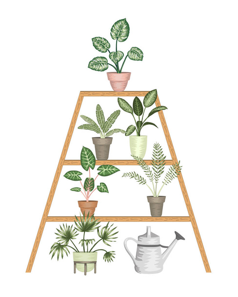 Vector illustratie van tropische kamerplanten in potten op een stand i - Vector, afbeelding