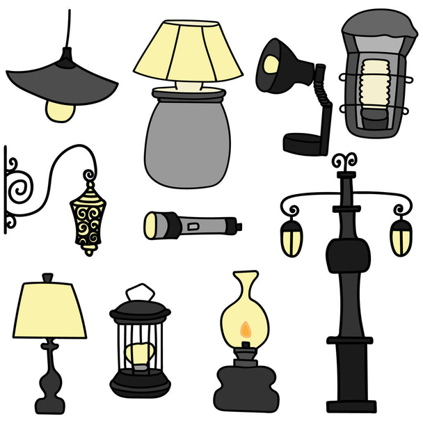 Set of hand drawn vector lamps, street light, old lamp. Isolated. - Vector, Image