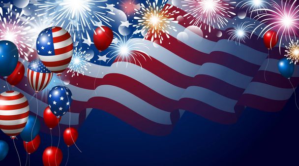Americká vlajka a balónky s nápisem ohňostrojů pro USA 4. červenec den nezávislosti v USA ilustrace - Vektor, obrázek