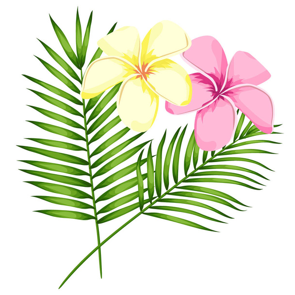Tropical vector pink plumeria flowers, branches and leaves set for floral card illustration. Flower Bouquet with exotic Leaf isolated on white background. Elements for invitation to party or holiday - Vettoriali, immagini