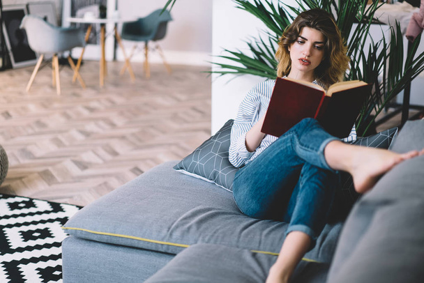 Contemplative caucasian female taking rest at home with stylish and cosy interior while lying on comfortable sofa and searching information in interesting bestseller, hipster girl reading book - Foto, Bild