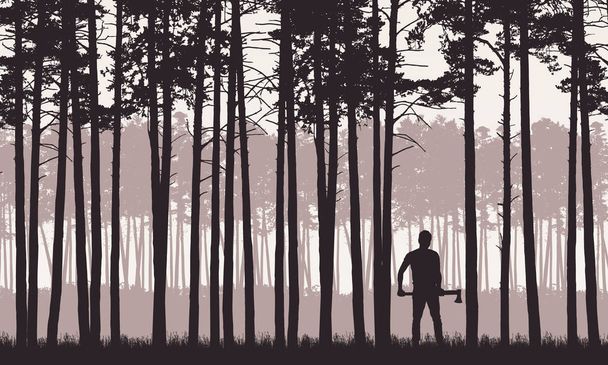 Realistic illustration of landscape with coniferous forest with pine trees under retro sky. Man with ax or lumberjack stands in grass - vector - Vector, Image