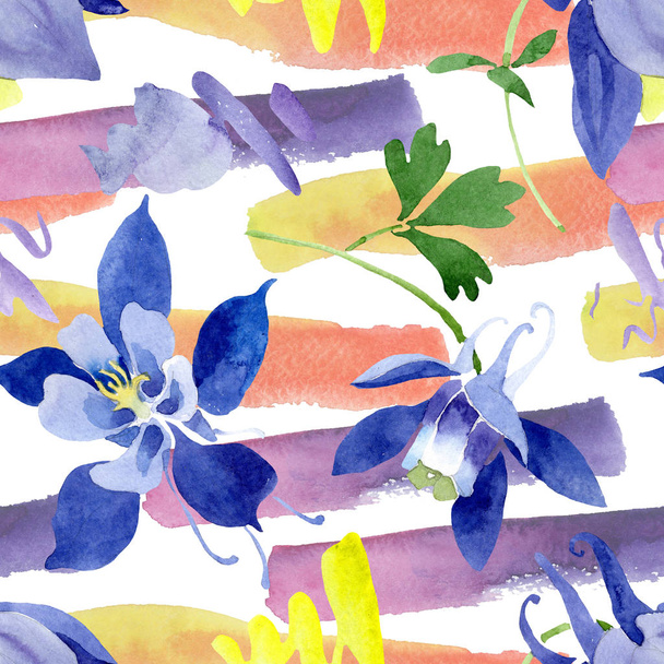 青いアクイレジア花の植物の花。●水彩背景イラストセット。シームレスな背景パターン. - 写真・画像