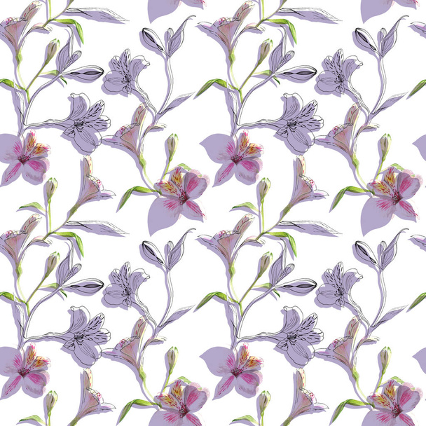 Seamless floral pattern. Pattern with watercolor and ink graphics flowers on white background with purple shades. Alstroemeria. Seamless pattern with hand drawn plants. Herbal Botanical illustration. - Фото, изображение
