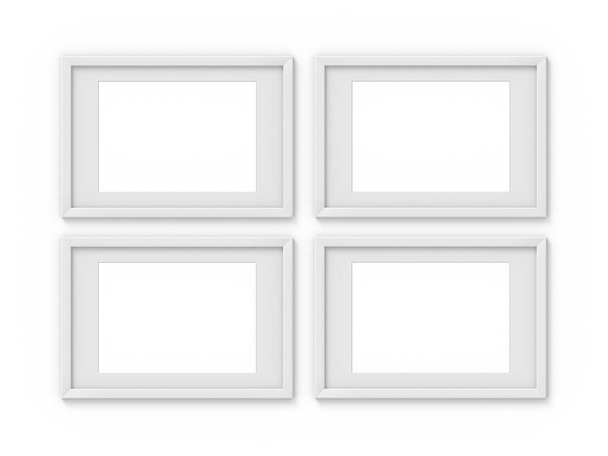 Set of 4 horizontal A4 white simple picture frame with a border. Mockup for photography. 3D rendering - 写真・画像