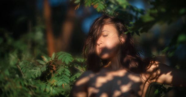 nackte Frau im Sonnenlicht auf dem Waldhintergrund - Foto, Bild