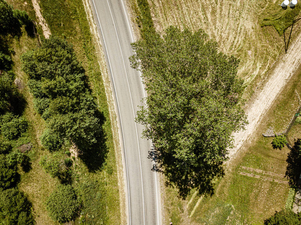 venkovská silnice v zeleném lese a pole, obraz vzduchu - Fotografie, Obrázek