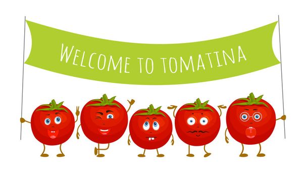 Czerwone pomidory są zapraszane na Festiwal zbiorów tomina. Zabawne postacie wektorowe. - Wektor, obraz