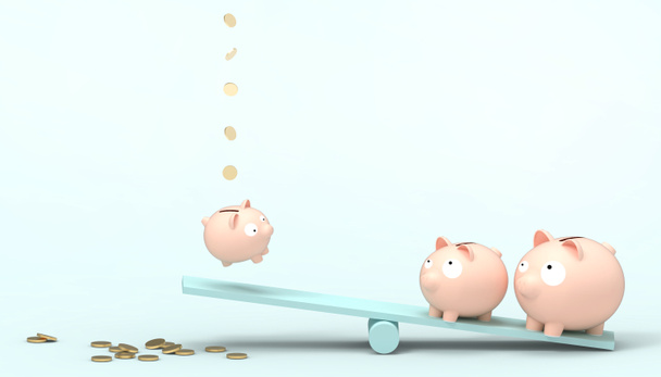 Piggy pink bank Ahorros y dinero Jugando con el balancín azul en Concept Modern Art pastel Fondo azul - 3d rendering
 - Foto, Imagen