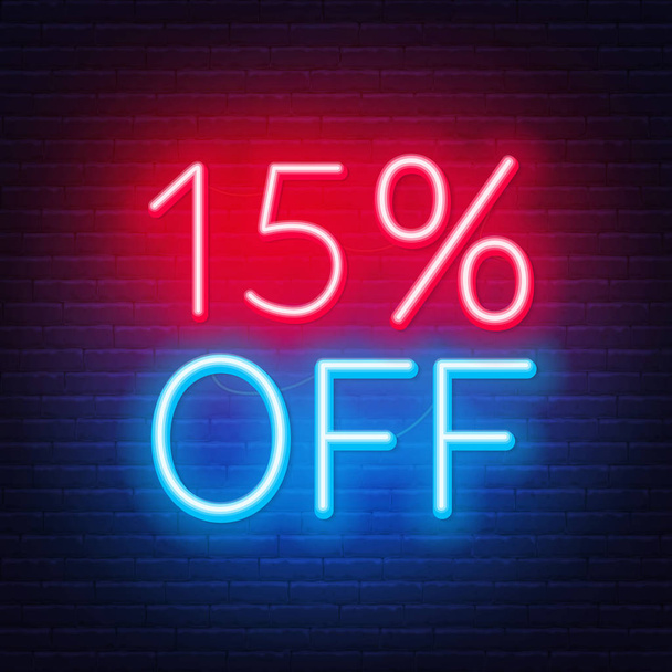15 percent off neon lettering on brick wall background - Vector, Image