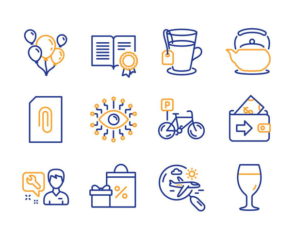 Diploma, Tea and Balloons icons set. Wallet, Bicycle parking and Repairman signs. Vector - ベクター画像