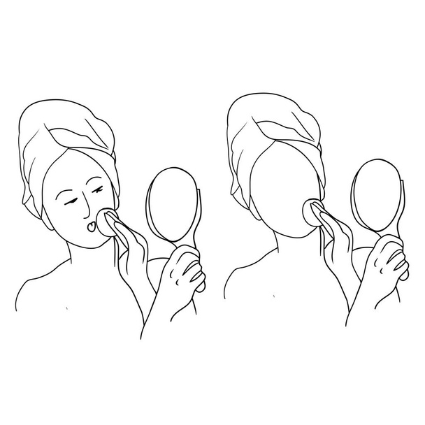 Képek egy fiatal lány teljesítő kozmetikai eljárások, arc-és testápolás, egy sor rajzok a vektor, lineáris rajz - Vektor, kép
