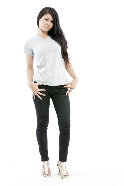 Sexy asian girl with blank grey t-shirt - Фото, изображение